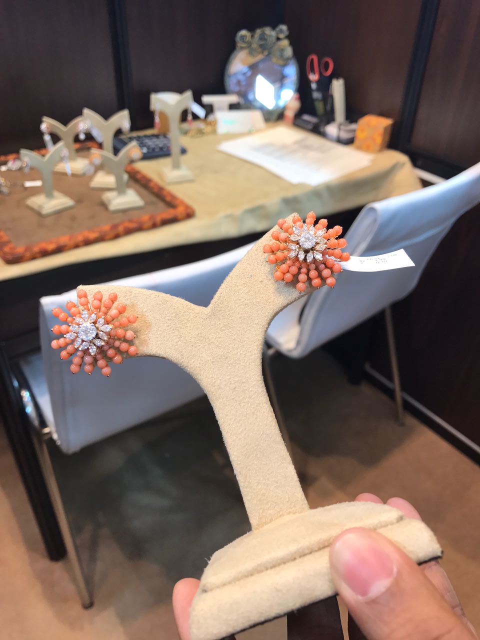 Coral ear studs with cluster diamonds centre by Sanskriti Jewels